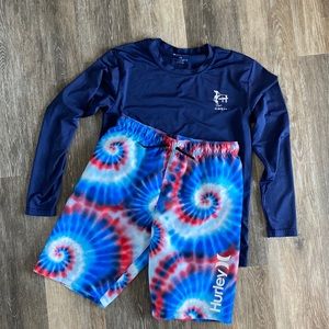 Boys large tie dye trunks and rash guard